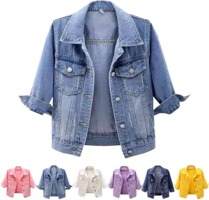 Women's 3/4 Sleeve Colored Cropped Denim Jacket,Womens Cropped Denim Jacket,Light Wash Short Jean Jacket Trucker Coat