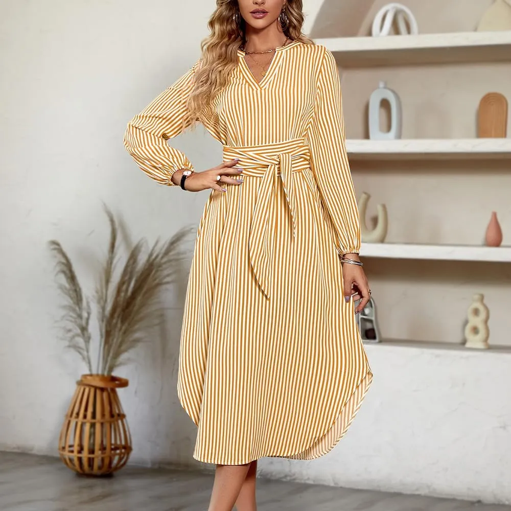 Women's Business Striped Shirt Dress Casual V Neck Long Sleeve Belted Tie Waist Elegant Work Blouses Summer Midi Dress