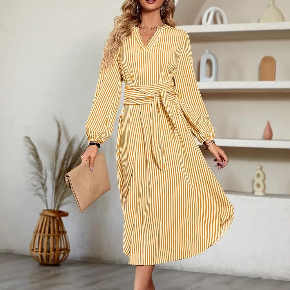 Women's Business Striped Shirt Dress Casual V Neck Long Sleeve Belted Tie Waist Elegant Work Blouses Summer Midi Dress
