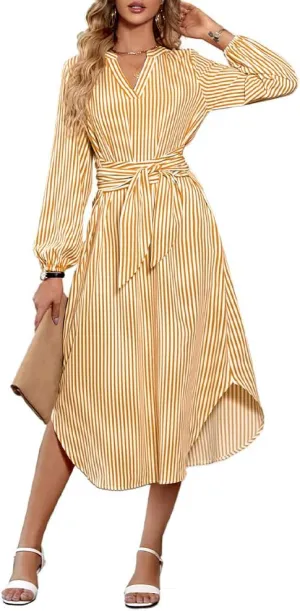 Women's Business Striped Shirt Dress Casual V Neck Long Sleeve Belted Tie Waist Elegant Work Blouses Summer Midi Dress