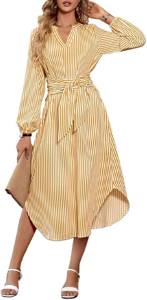 Women's Business Striped Shirt Dress Casual V Neck Long Sleeve Belted Tie Waist Elegant Work Blouses Summer Midi Dress