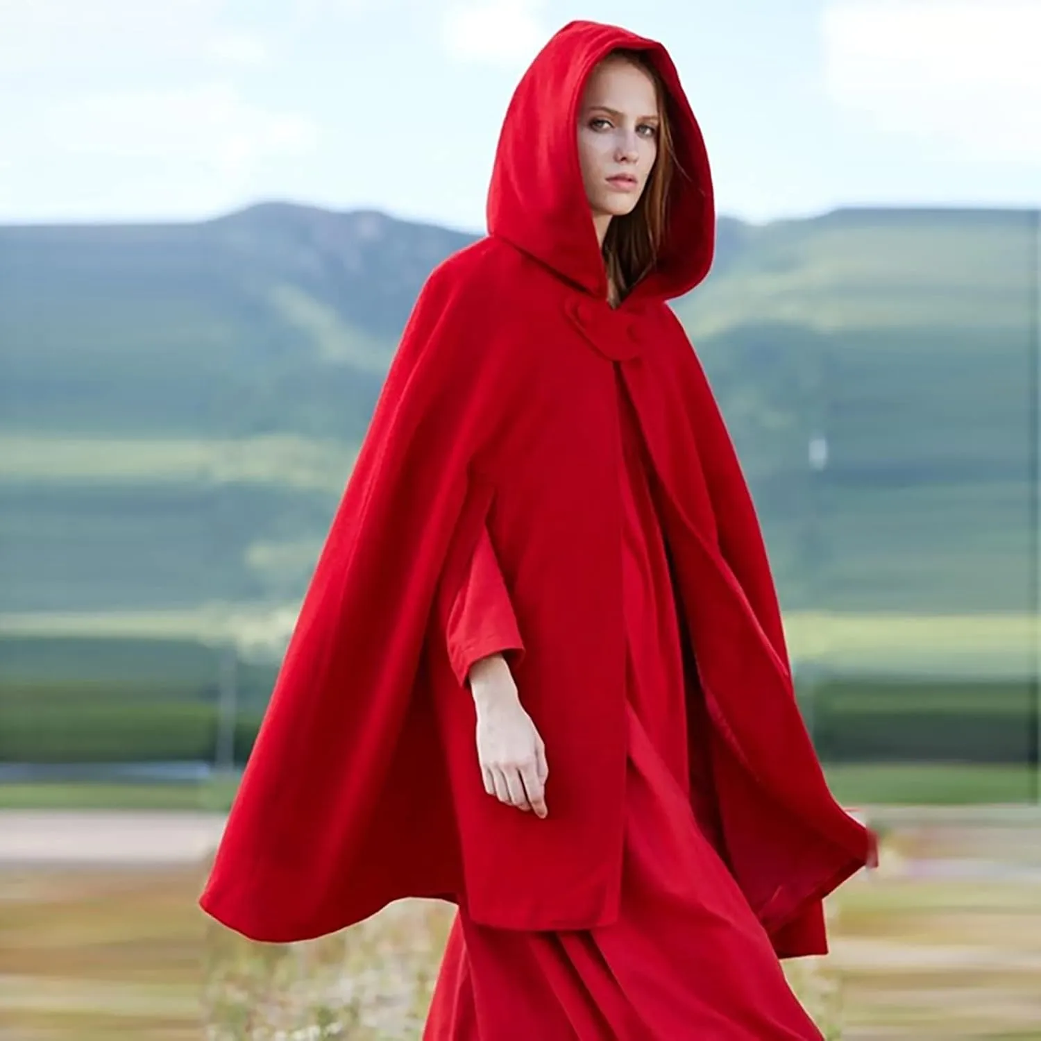 Women's Wool Blend Hooded Cape Mid-Length Cloak Pea Coats Winter Open Front Cardigans Vintage Trench Outwear