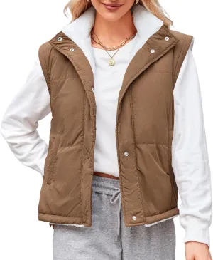 ZAFUL Womens 2024 Fall Cropped Puffer Vest Reversible Zip Up Quilted Vest Sleeveless Winter Fleece Jacket Outerwear